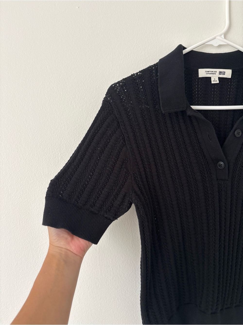 Uniqlo Black Knit Short Sleeve Cotton Popcorn Polo Sheer Pointelle Sweater Small - Picture 4 of 7